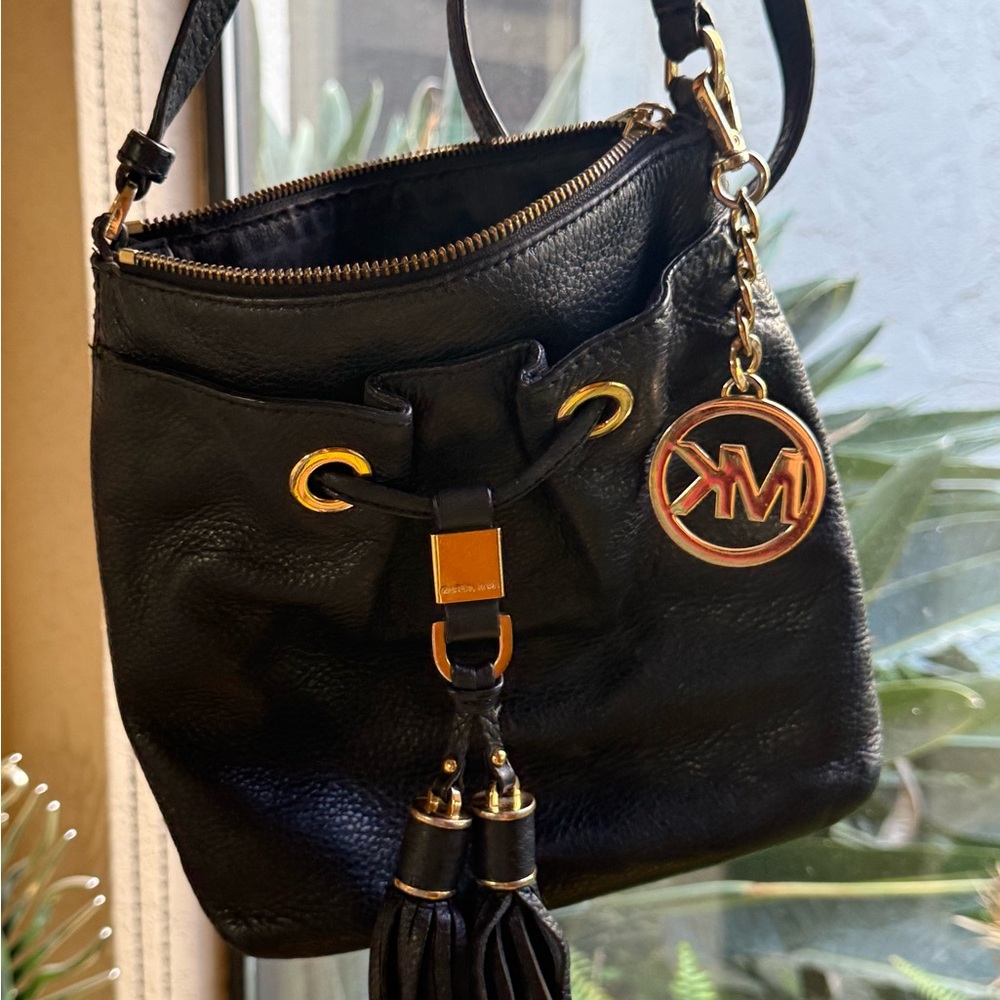 Michael Kors Black Leather Drawstring Shoulder Bag with Gold Hardware